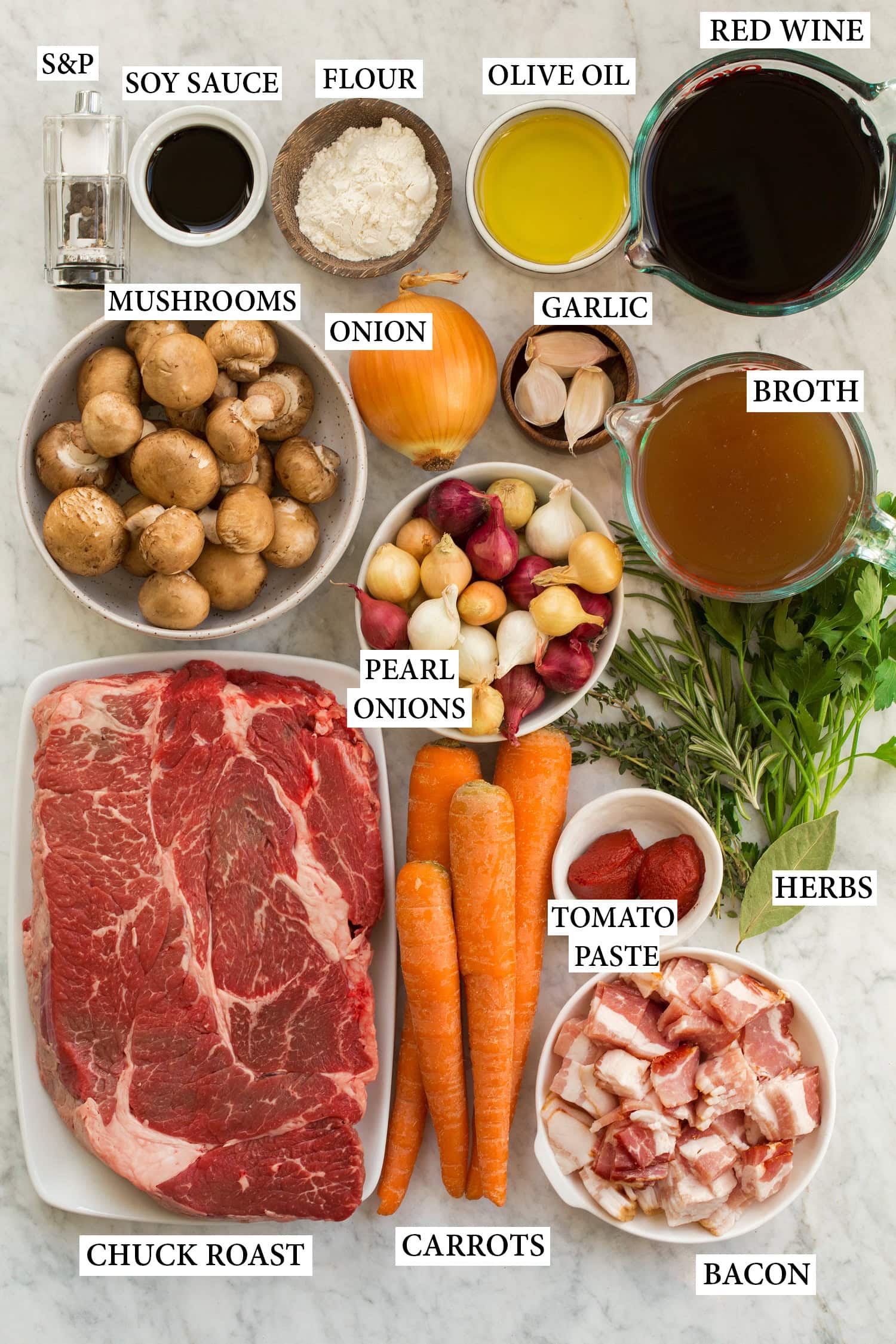 Beef Bourguignon Ingredients used to make beef bourguignon.