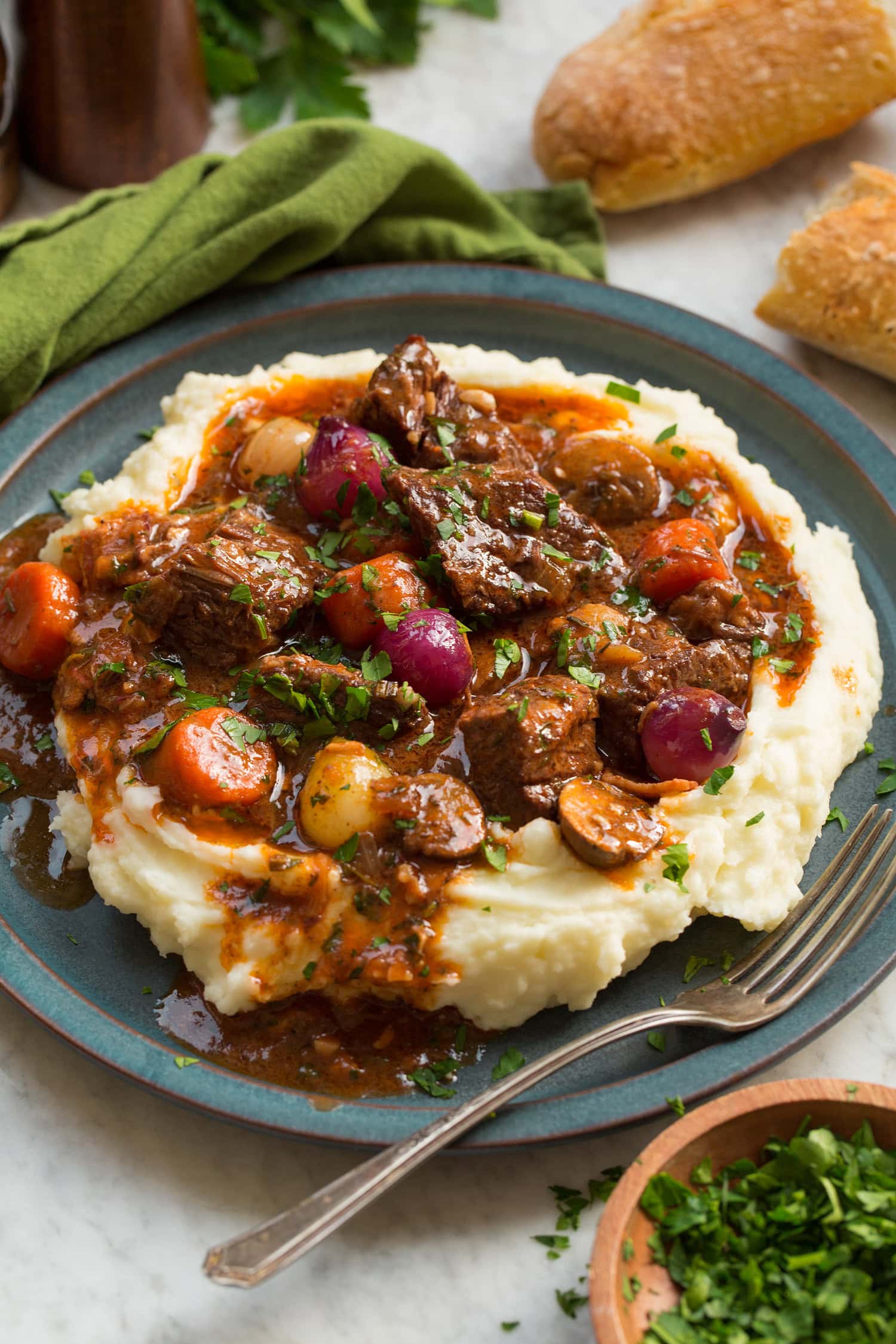 Beef Bourguignon Beef bourguignon served over mashed potatoes.