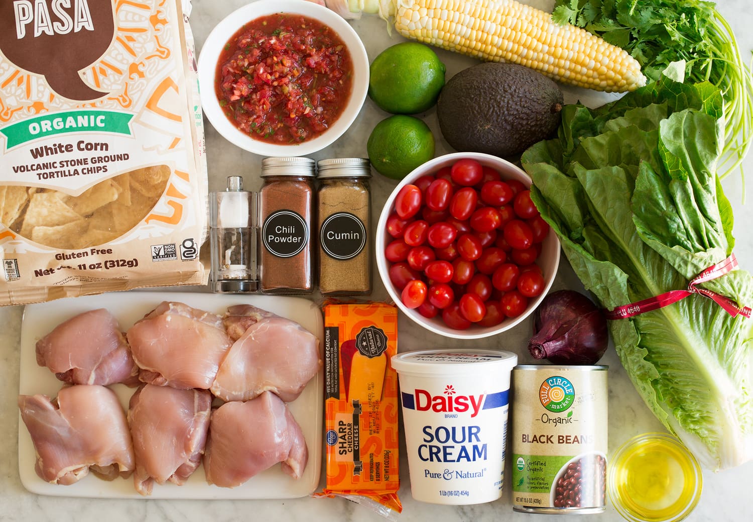 Chicken Taco Salad Ingredients used to make chicken taco salad.