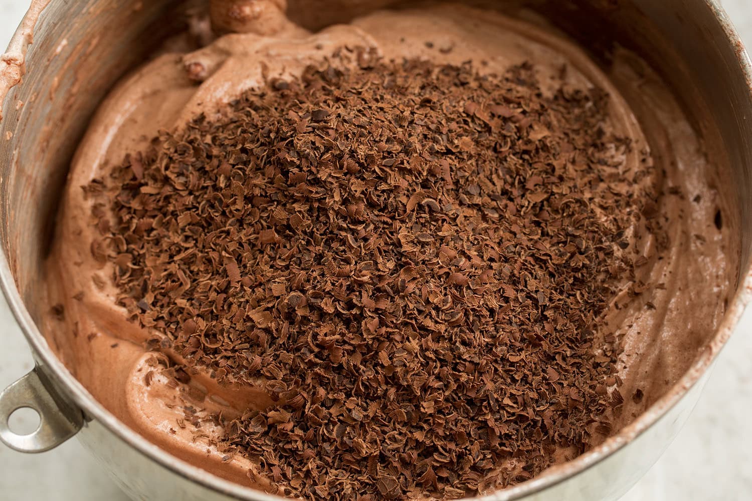 Chocolate Angel Food Cake Shaved chocolate added to angel food cake batter.