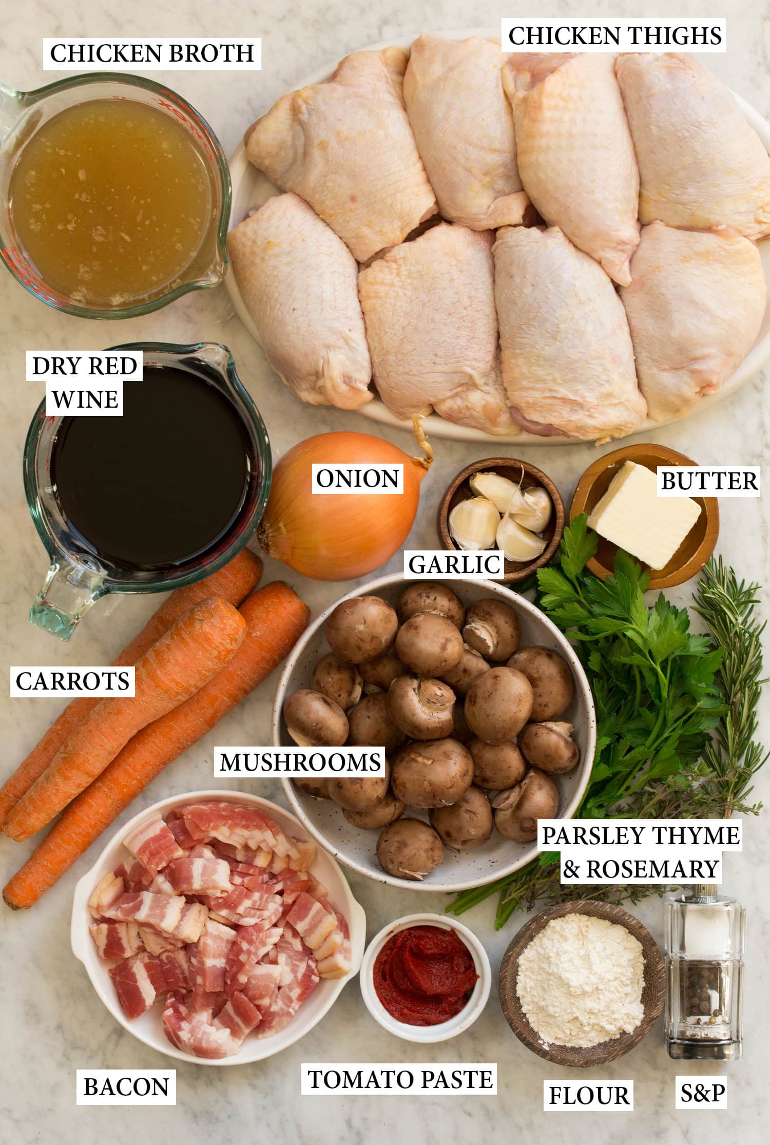 Coq au Vin Ingredients used to make coq au vin.