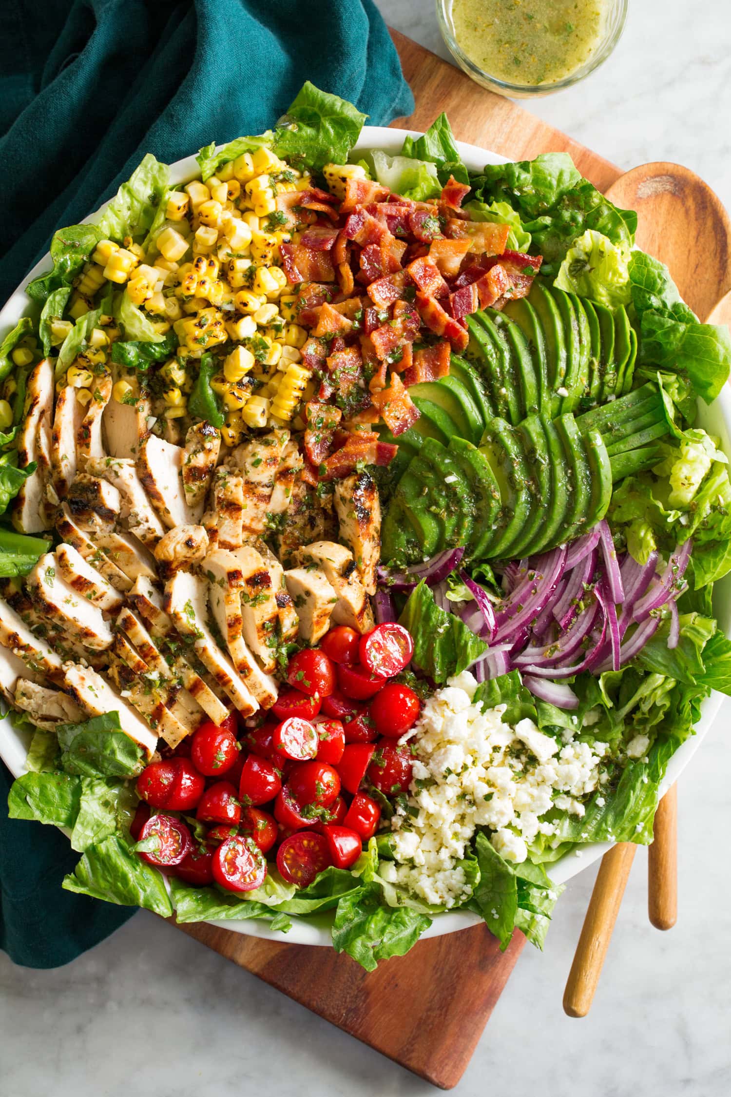 Grilled Chicken Salad Overhead photo of colorful grilled chicken salad with summery vegetables.