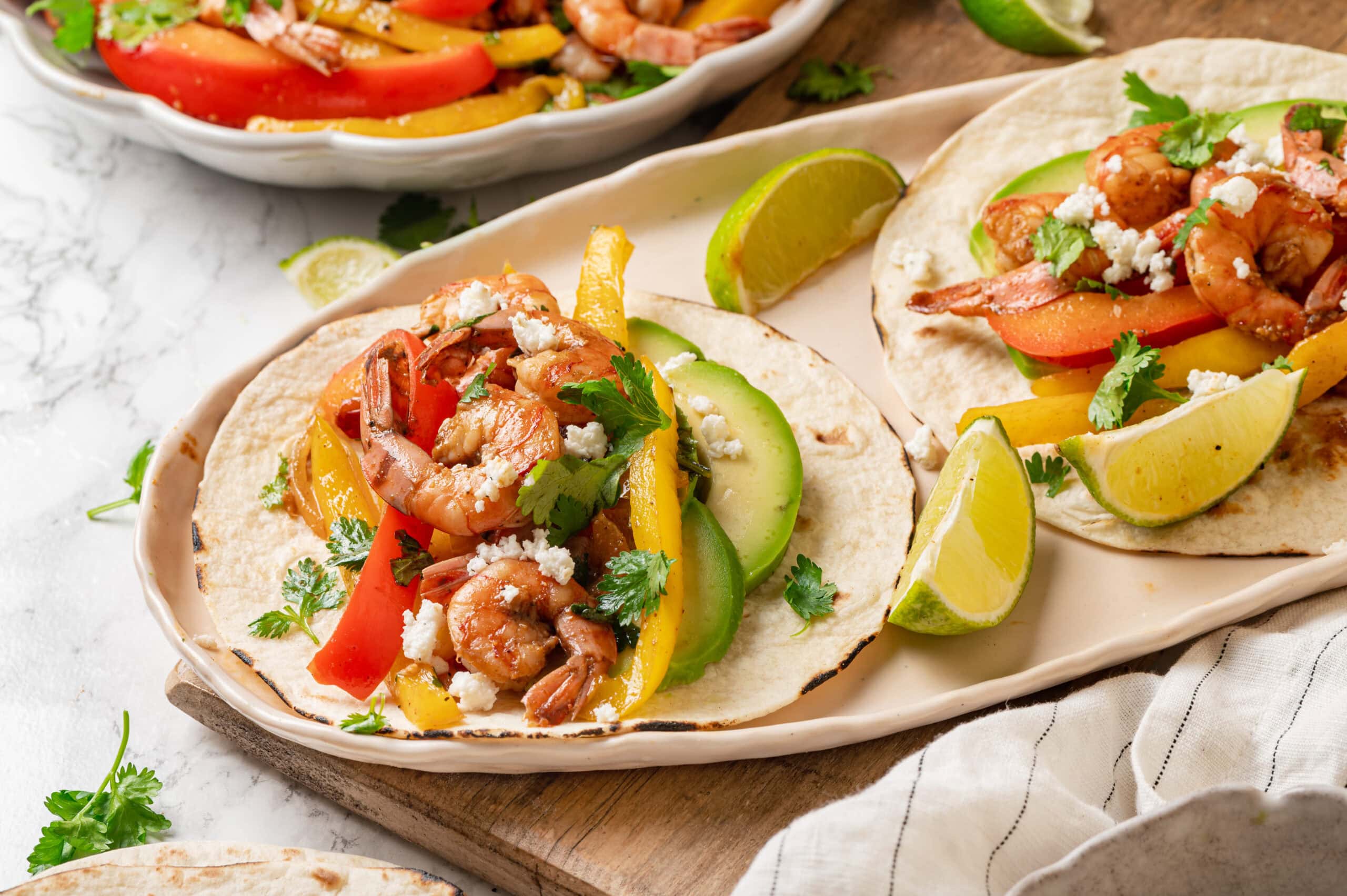 Shrimp Fajitas Assembled shrimp fajitas.