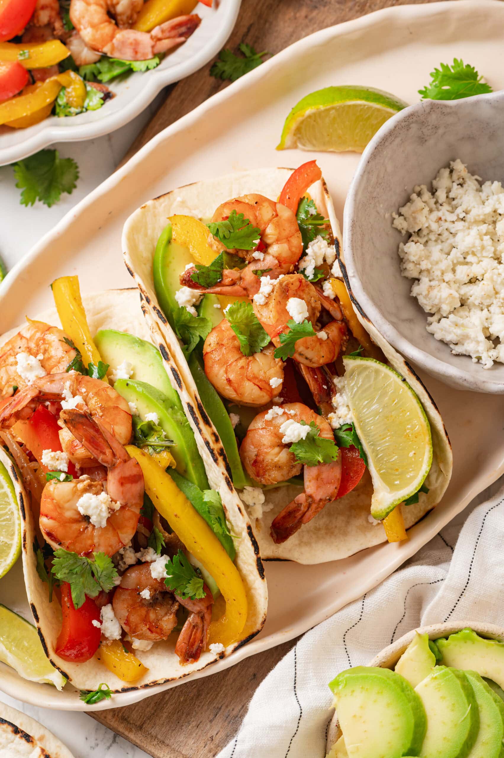 Shrimp Fajitas Folded fajitas shown like tacos.