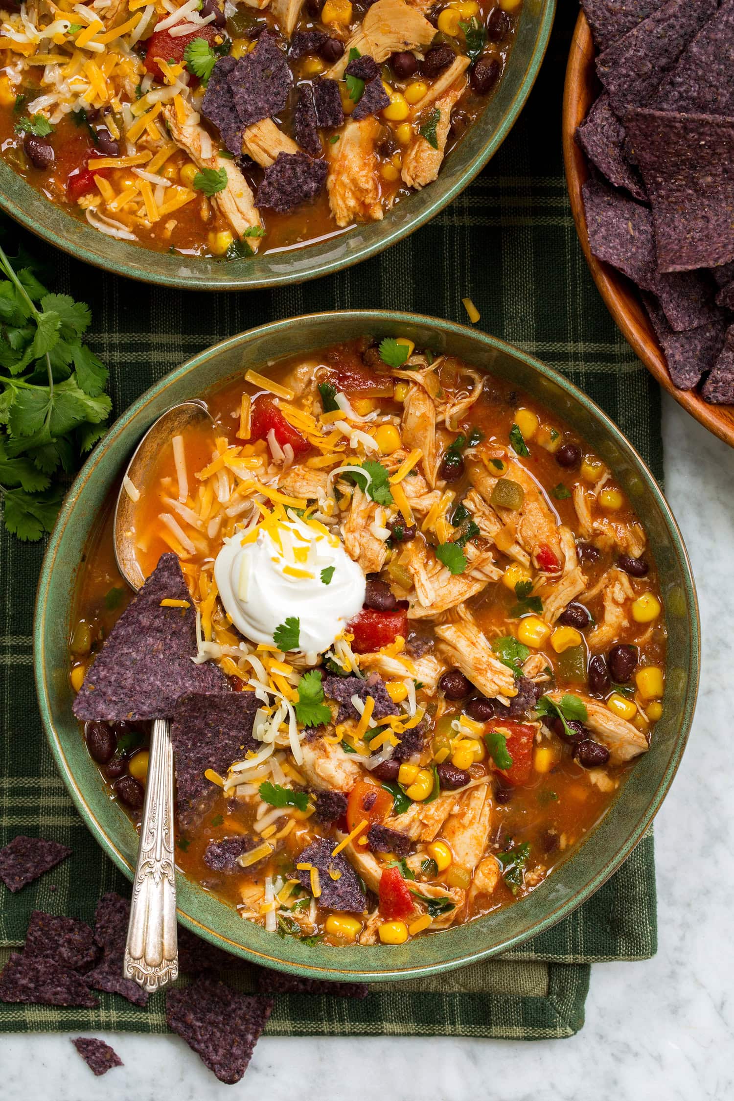 Slow Cooker Chicken Tortilla Soup Serving of crockpot chicken tortilla soup shown from above.
