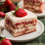 Slice of strawberry tiramisu.