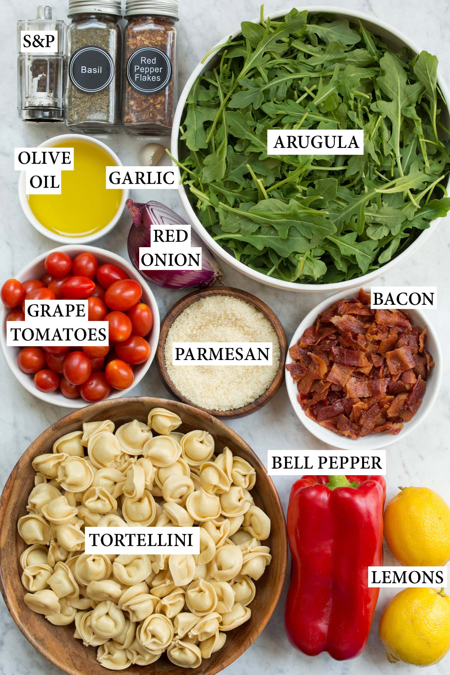 Tortellini Pasta Salad Ingredients used to make tortellini pasta salad.