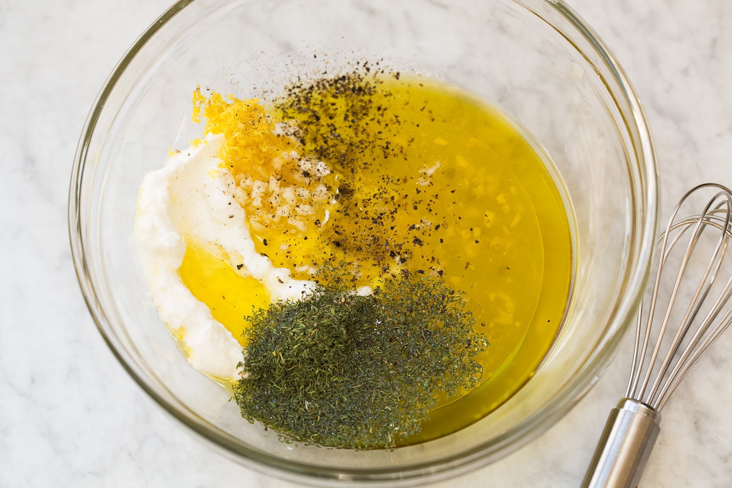 Tuna Pasta Salad Creamy lemon dressing shown before mixing ingredients.